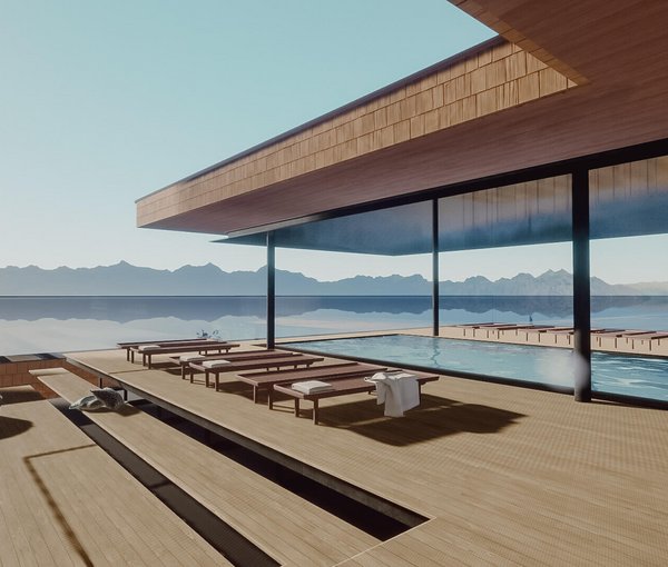 Rendering vom Pool am Dach mit Ausblick in die Berge