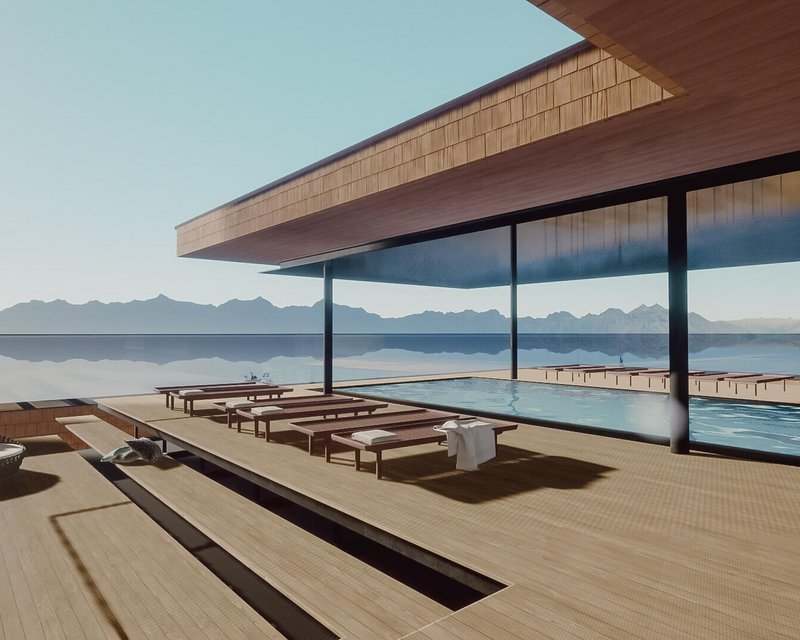 Rendering vom Pool am Dach mit Ausblick in die Berge