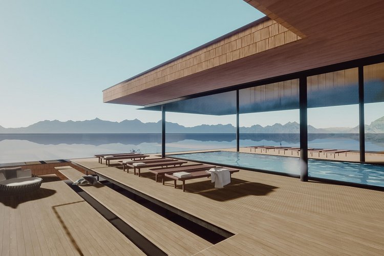 Rendering vom Pool am Dach mit Ausblick in die Berge