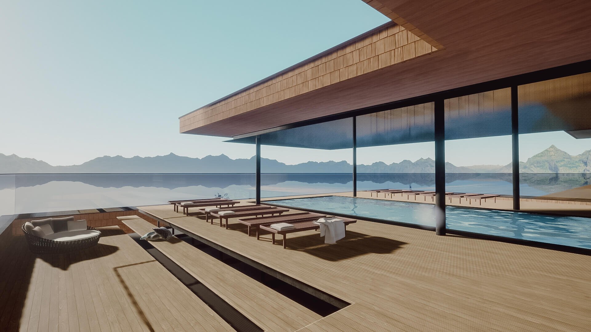 Rendering vom Pool am Dach mit Ausblick in die Berge